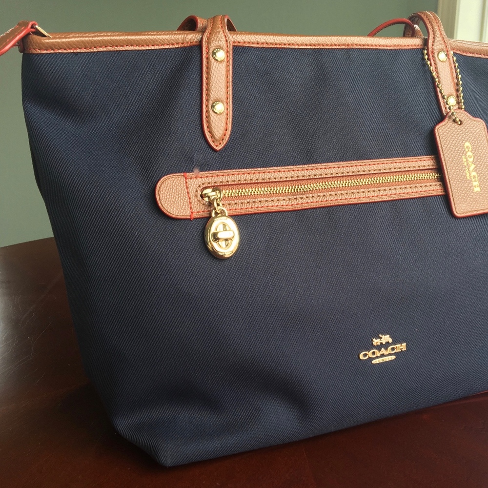 COACH navy cotton and leather trim tote